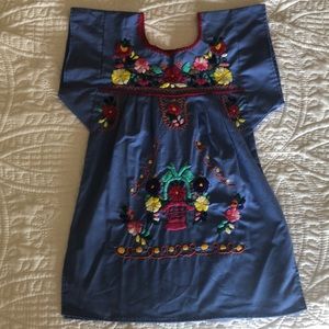 Authentic Mexican Embroidery Blue Girls Dress